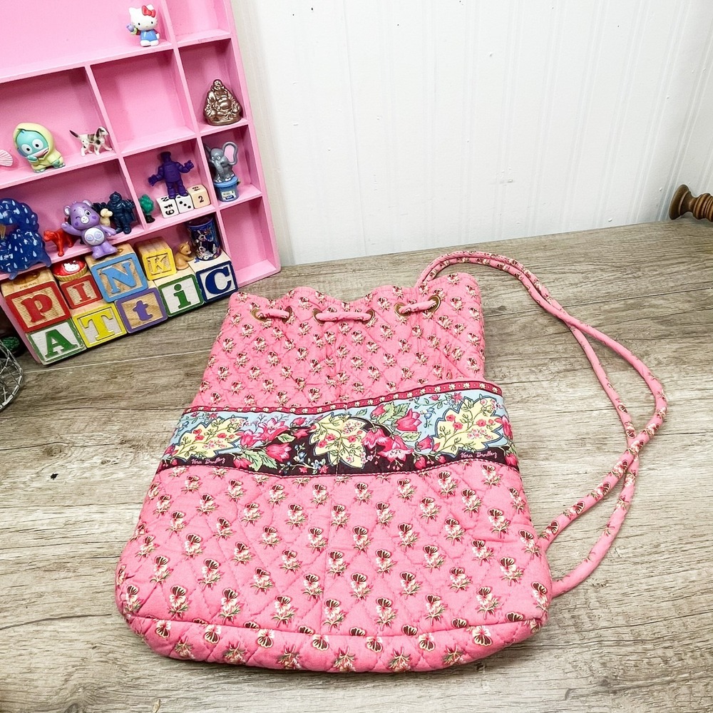 Vera Bradley Retired Pink Pansy Drawstring Backpack -‎ Good Pre-Owned Condition